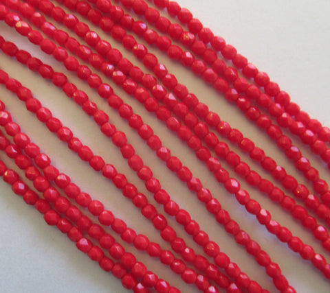 50 3mm faceted Czech glass beads - opaque bright red - round fire polished beads C0035