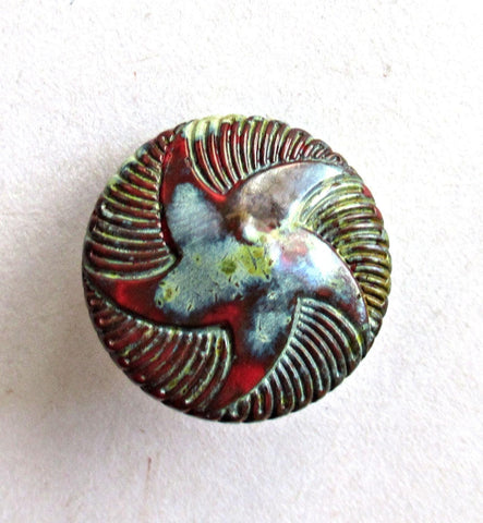 One 18mm Czech glass button - opaque dark red raised swirling star with a picasso finish - decorative shank button 00081