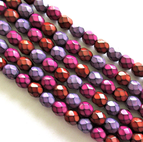 Snake skin beads - purple, pink and red mix - 6mm - Czech glass fire polished faceted round beads - discontinued beads - 25 pieces - C0000