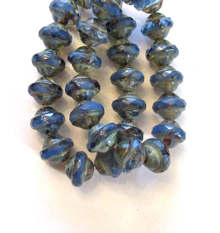 Fifteen Czech glass saturn beads - 8mm x 10mm transparent & opaque cornflower blue picasso faceted fire polished saucer beads - C00971