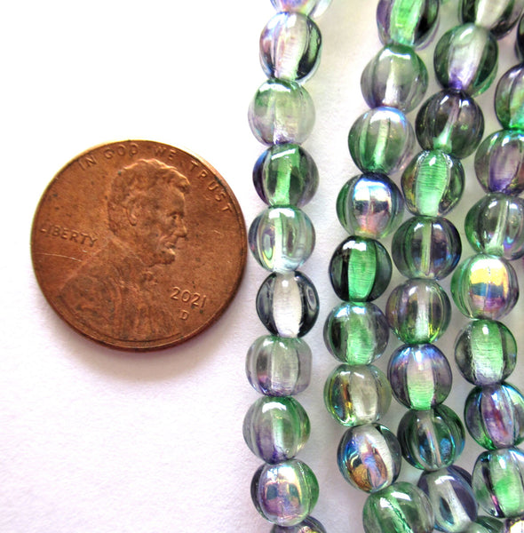 25 6mm Czech glass melon beads - green & purple mix pressed glass beads - C0084