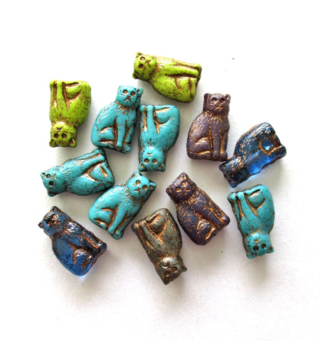 Ten Czech glass cat beads - color mix of opaque & transparent cats with a bronze wash - 15 x 10mm - C00661