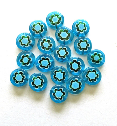 Ten 10mm cane or millefiori glass beads - aqua blue green and white coin or disc beads - C0095