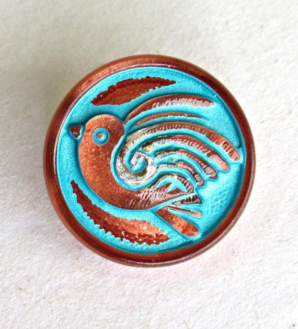 One 18mm Czech glass bird button - copper with a turquoise wash - decorative shank buttons - 000572