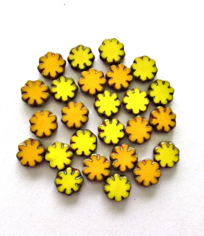 15 Czech glass flower beads - orange & yellow mix picasso beads - 9mm - table cut cactus flower beads - C00261