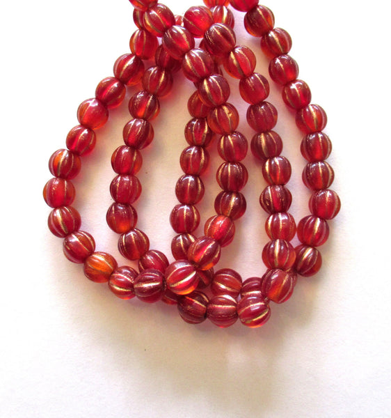 25 6mm Czech glass melon beads - transparent siam red with a gold wash - pressed glass beads - C0058