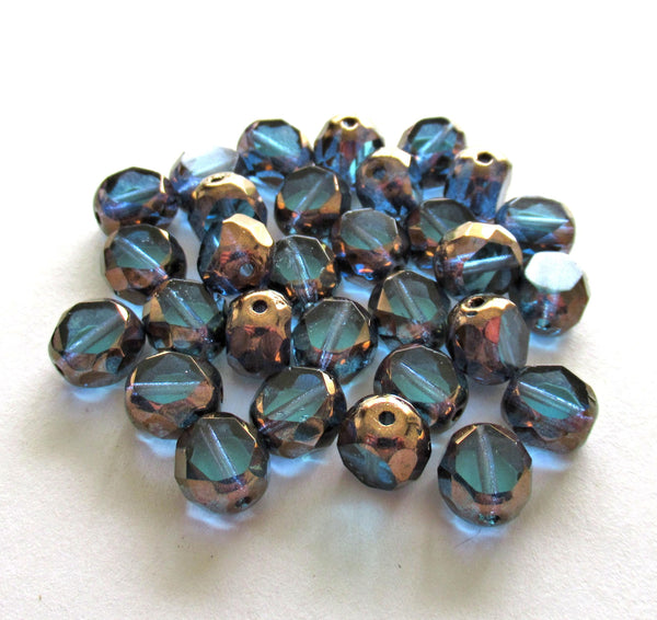 Dual faceted Czech glass beads - 8mm - blue with bronze accents - 2 cut table cut fire polished - thick window beads - 10 pcs - 0079