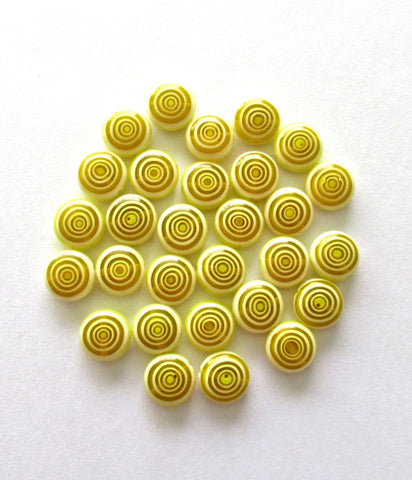 Ten 10mm glass coin beads - yellow and white disc beads - target or concentric circles beads - C0001