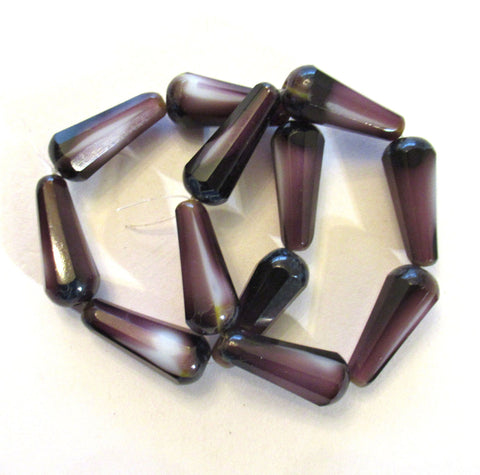 Six Czech glass long faceted teardrop beads - amethyst purple w/ white hearts & picasso finish on the ends - 9 x 20mm drop beads - 00552