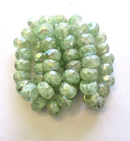 Five 12 x 8mm faceted Czech glass roller or rondelle beads - etched honeydew green ab w/ silver - big 5mm holes - big hole focal beads 00261