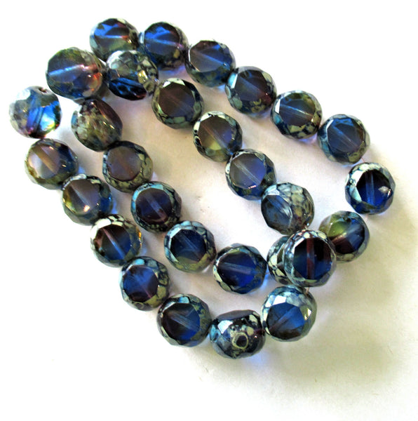 Six 12mm round faceted table cut Czech glass beads - blue & amethyst picasso mix - 2 cut window beads - chunky statement beads 00651