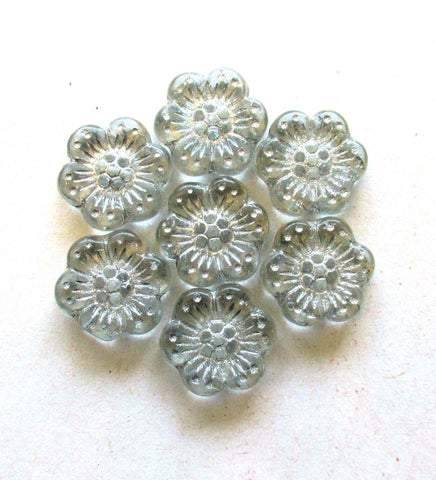 Ten Czech glass wild rose flower beads - 14mm transparent crystal clear floral beads with a silver wash C00221