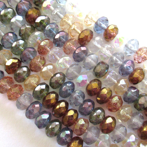 25 Czech glass puffy rondelle beads - 6 x 9mm transparent luster color mix faceted rondelles - C00921