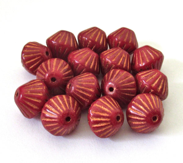 Five Czech glass bicones - 11mm x 10mm - opaque red with copper accents - carved chunky rustic bicone beads C0077