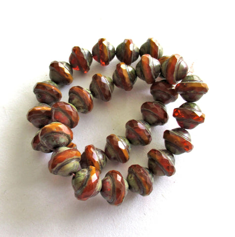 Czech glass faceted saturn or saucer beads - 8 x 10mm transparent & opaque mix rust orange brown w/ picasso finish - fifteen pieces - C00302