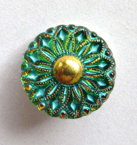 One 18mm Czech glass flower button - green & orange glass with gold accents and a turquoise wash - decorative floral shank buttons - 00371