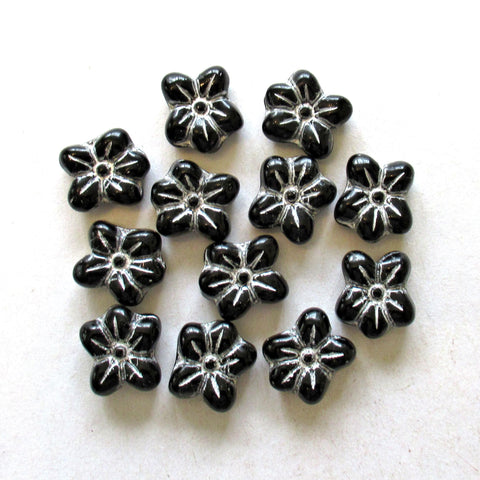 Ten Czech glass flower beads - et black with silver accents - 14 X 12mm - asymmetrical pressed glass flowers - C0731