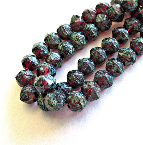 20 8mm Czech glass faceted English cut beads - garnet red with a full picasso finish - rustic earthy beads - C00111