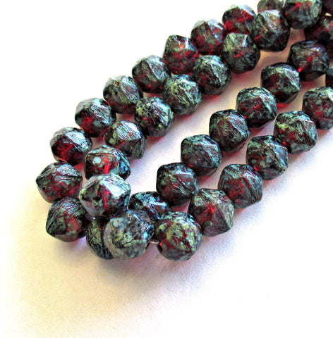 20 8mm Czech glass faceted English cut beads - garnet red with a full picasso finish - rustic earthy beads - C00111