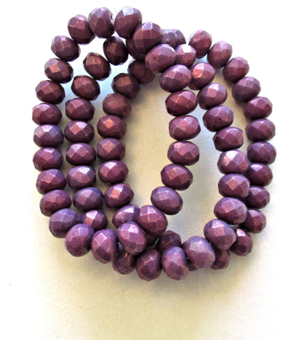 25 Czech glass faceted puffy rondelle beads - 5 x 7mm opaque bright purple / amethyst luster rondelles - C00381