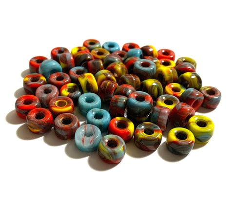 Twenty-five 9mm Czech glass pony, crow, roller beads - marbled color mix - slag glass large hole beads - C0077