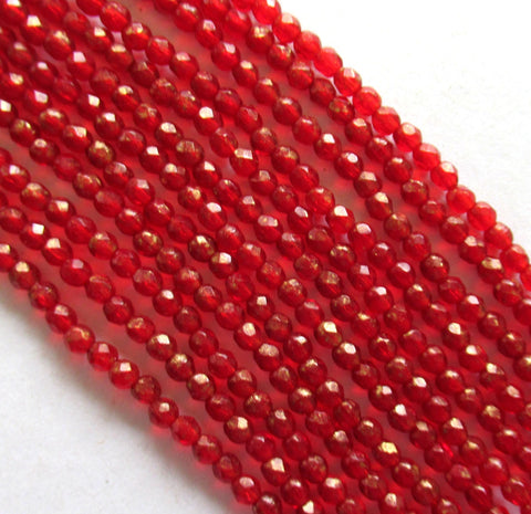 Lot of 50 3mm faceted Czech glass beads - Gold Marbled Siam Ruby Red - fire polished faceted round beads - C0094