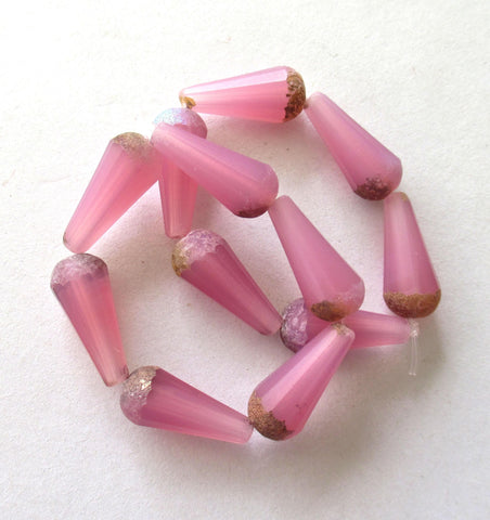 Six Czech glass faceted teardrop beads - Matte milky pink opal w/ etched picasso finish on the ends - 9 x 20mm long tear drops 00392