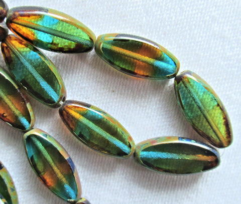 Ten Czech glass spindle beads - transparent amber, green & blue color mix - 18 x 7mm table cut almond shaped tube beads C08101