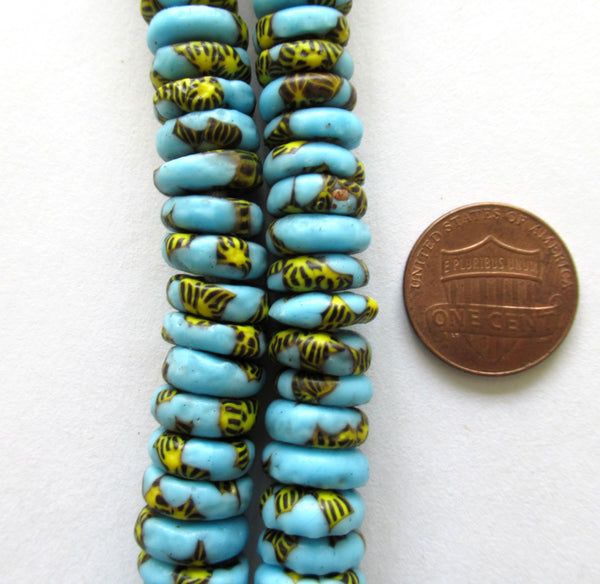 15 African recycled glass rondelle spacer beads - blue yellow & black beads - 10 to 11mm by 3.5mm thick - big hole - rustic beads - 00521