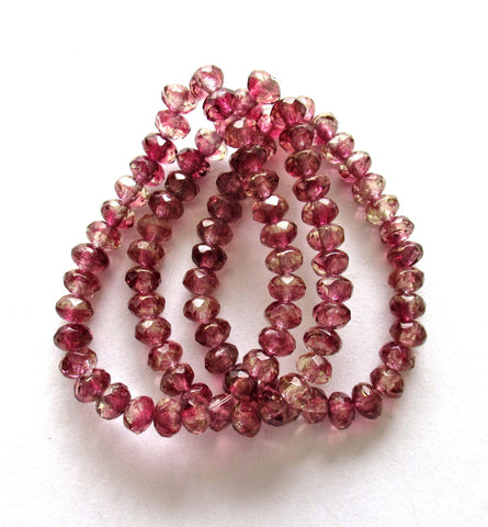 30 small Czech glass puffy rondelle beads - 3mm x 5mm - Marbled pink & champagne w/ bronze accents - faceted fire polished beads - 00051