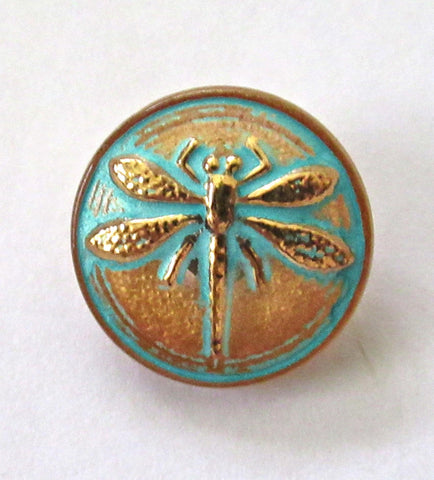 One 18mm Czech glass dragonfly button - clear glass over gold with a gold dragonfly & a turquoise wash - decorative shank buttons - 00052