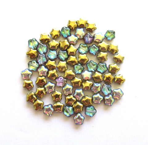 Fourty 6mm small Czech glass star beads - Metallic golden rainbow, blue pink and gold pressed glass beads - C0039