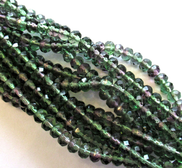 25 5 x 7mm Czech glass puffy rondelles - multicolored mix of transparent purple & green faceted fire polished rondelle beads - C00051