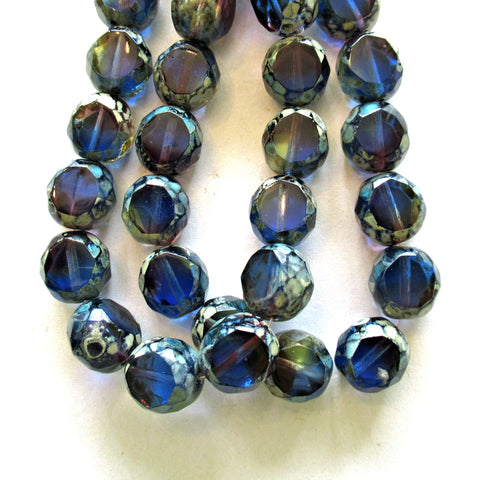 Six 12mm round faceted table cut Czech glass beads - blue & amethyst picasso mix - 2 cut window beads - chunky statement beads 00651