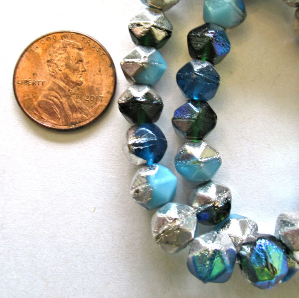 20 8mm Czech glass faceted English cut beads - opaque and transparent blue & green beads with silver accents - C00351