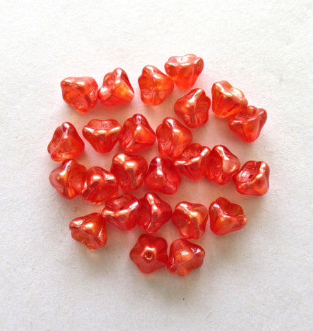 25 Czech glass bell flower beads - hyacinth orange luster pressed glass bellflower beads - 8 x 6mm - C0099