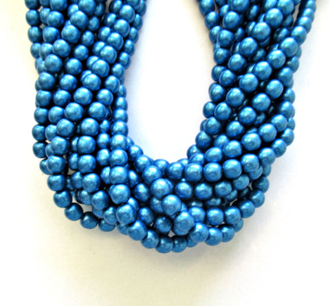 50 6mm Czech glass druk beads - Matte Metallic Saturated Nebulas Blue - smooth round druks - C0037