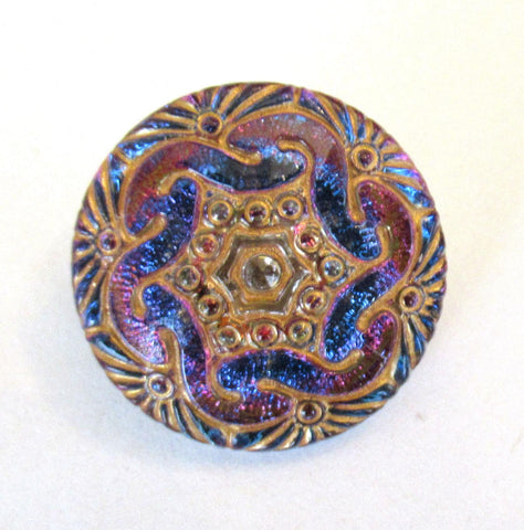 One 18mm Czech glass swirl button - iridescent blue & purple with gold accents - art glass button - decorative shank buttons 00052