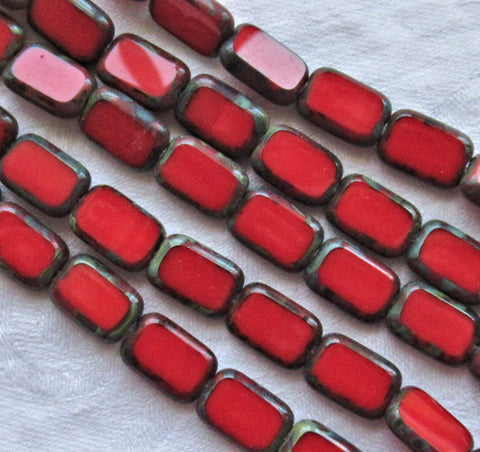 Lot of 24 rectangular Czech glass beads, opaque bright red with a picasso finish, 12mm x 8mm table cut rectangle beads C37101