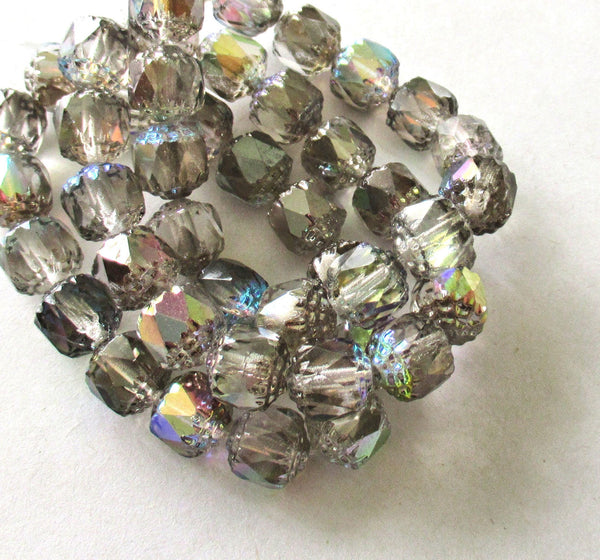 Fifteen 8mm Czech glass cathedral beads - crystal & silver ab w/ silver ab picasso accents - faceted fire polished antique cut beads C00081