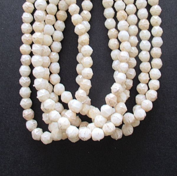 50 4mm Czech glass English cut faceted beads - opaque off white beads with a mercury finish - C0057