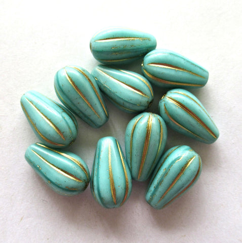 Ten Czech glass teardrop melon beads - turquoise blue green w/ gold accents - 15 x 8mm tear drops 00081