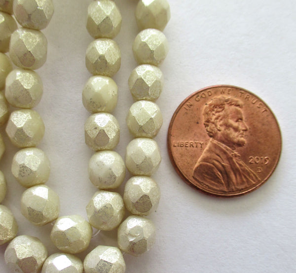 25 6mm Czech glass beads - opaque off white with a silver mercury finish - fire polished, faceted round beads C0088