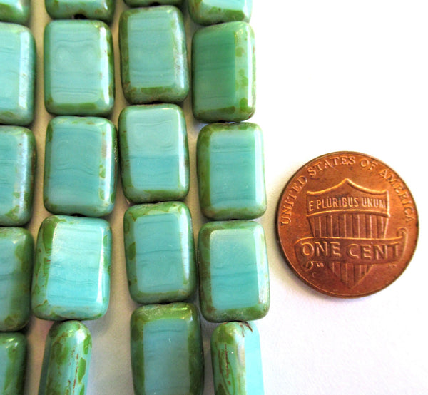 24 Czech glass rectangle beads - Opaque Turquoise Green Picasso - 12mm x 8mm - table cut beads - C00342