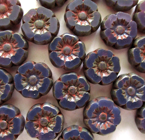 12 small Czech glass flower beads - 7mm purple amethyst opal Hawaiian flowers w/ red picasso accents - table cut, carved floral beads C00031