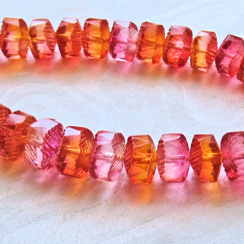 Lot of 6 Czech glass faceted wavy rondelle beads - large 14 x 6mm bright pink & orange chunky rondelles, focal beads C38101