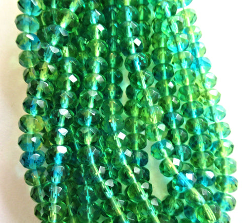 25 faceted Czech glass puffy rondelle beads - 5 x 7mm transparent green and blue mix rondelles - faceted fire polished beads - 00051