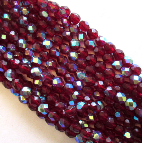 25 6mm garnet Czech glass beads - garnet ruby red ab beads - faceted fire polished round beads - C0055