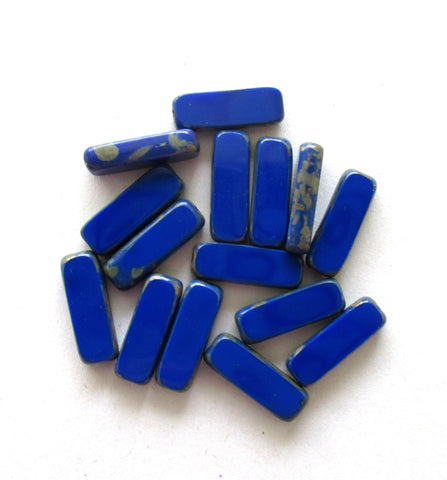 Czech glass rectangle tube beads - opaque royal blue w/ a Picasso finish along the edges - table cut beads - 15 x 5mm - 15 pieces - C00831