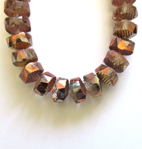 Six Czech glass faceted wavy rondelle beads - large 14 x 6mm copper and crystal mix chunky rondelles - C00941